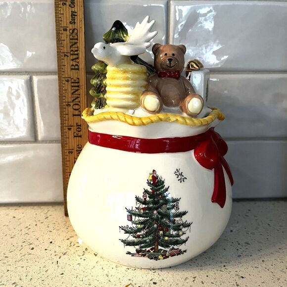 Spode Christmas Tree Round Covered Candy Box Teddy Bear Dove of Peace Tree 8” - Picture 4 of 13